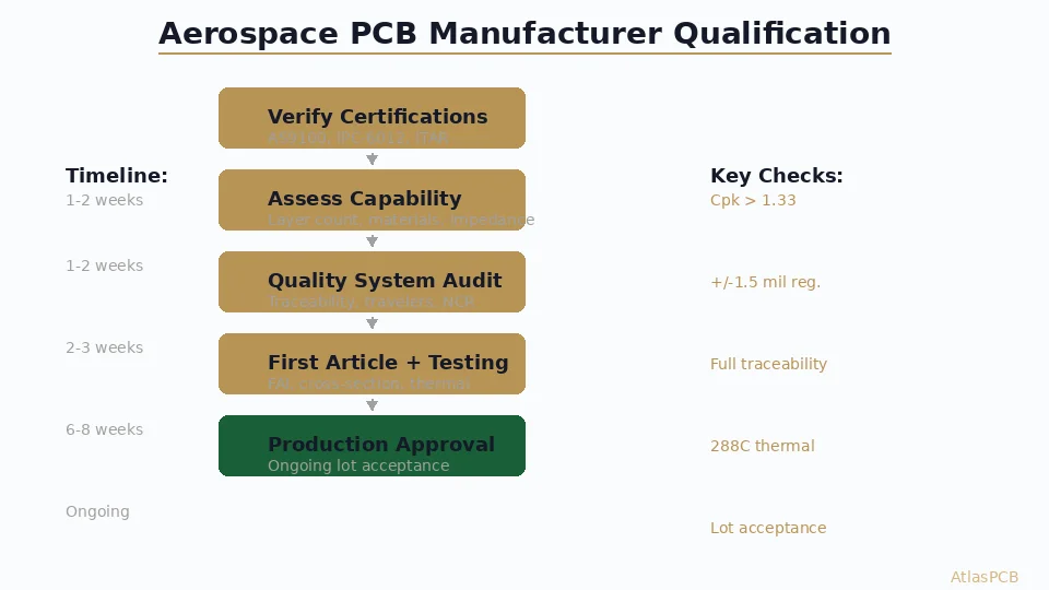 A practical qualification checklist for selecting PCB manufacturers capable of aerospace-grade fabrication. Covers IPC-6012 Class 3/3A differences, AS9100 audit requirements, coupon testing protocols, and the hidden qualification costs that budget-focused fab shops cannot absorb.