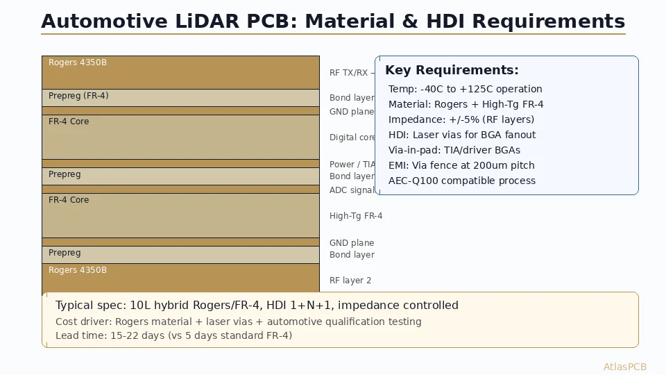 A technical guide to PCB design and manufacturing for automotive LiDAR modules. Covers Rogers material selection for 905nm/1550nm driver circuits, HDI stackup requirements for TIA and ADC arrays, thermal management for VCSEL drivers, and the AEC-Q100 qualification considerations that affect PCB specification.