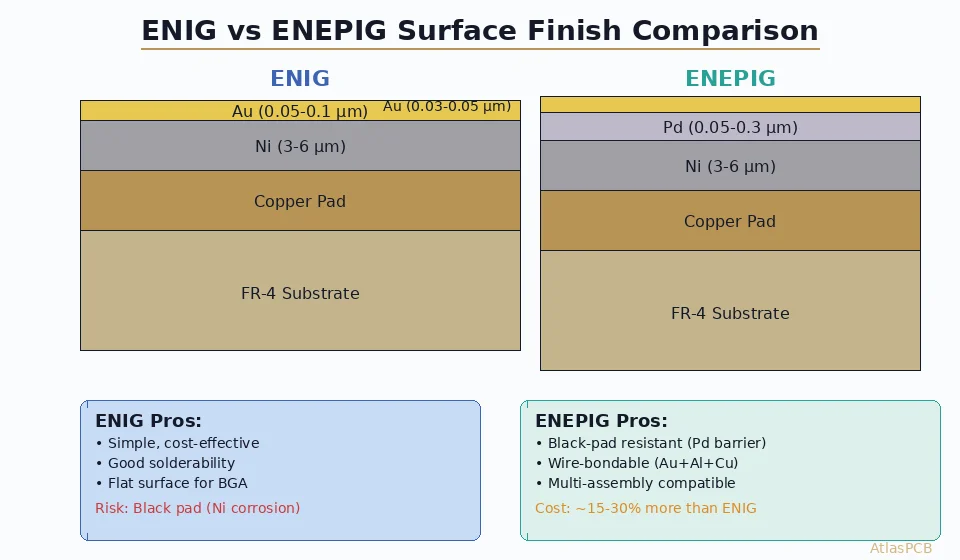 Learn when to choose ENIG or ENEPIG surface finish for your PCB. Compare cost, reliability, wire bonding compatibility, and black pad risk. Engineering decision framework included.