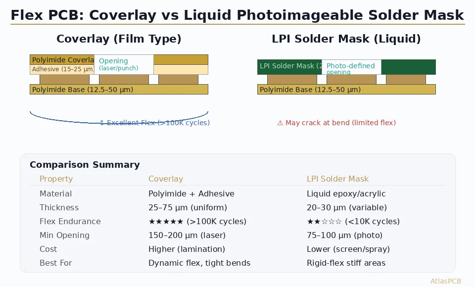 Comprehensive comparison of coverlay film and liquid photoimageable (LPI) solder mask for flex and rigid-flex PCBs — covering material properties, opening tolerances, bend endurance, cost trade-offs, and IPC-6013 compliance.