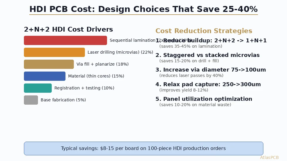 Practical engineering guide to reducing HDI PCB manufacturing cost without sacrificing electrical performance. Covers microvia diameter optimization, staggered vs stacked via strategies, buildup reduction analysis, and panel utilization techniques that our process engineers use to bring customer quotes within budget.