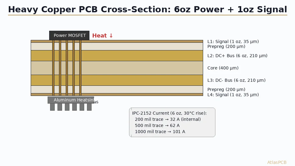 Learn how heavy copper PCBs (3-20 oz) enable reliable power electronics design. Covers current capacity calculations, bus bar integration, thermal management strategies, and manufacturing considerations for high-current applications.