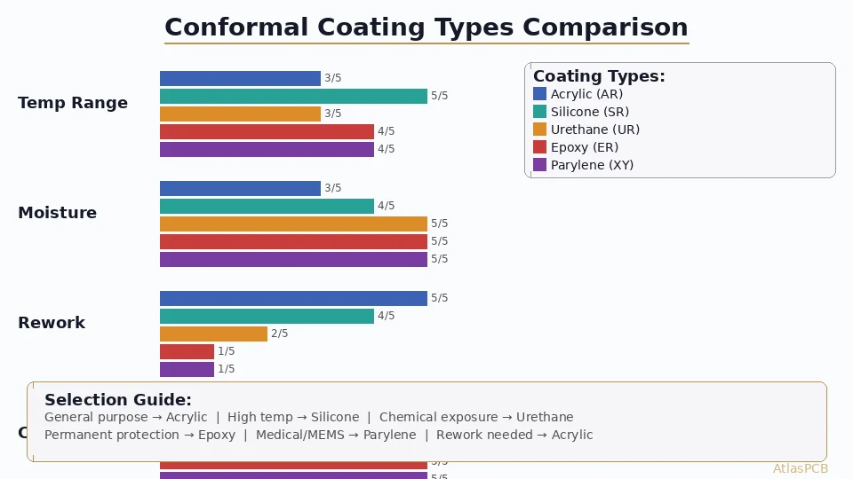 Complete guide to PCB conformal coating selection. Compare acrylic, silicone, urethane, epoxy, and parylene coatings. Learn IPC-CC-830B testing, application methods, and design rules for reliable electronics protection.