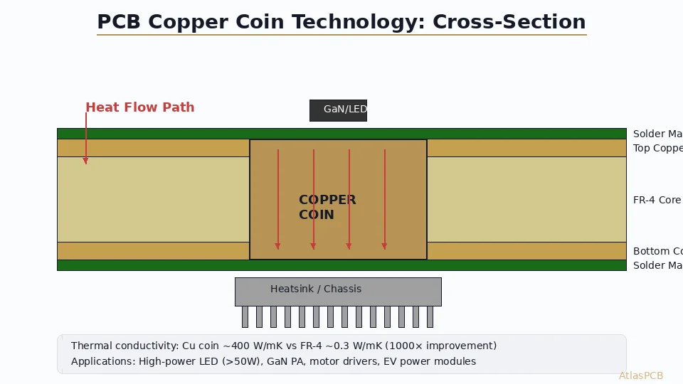 Complete engineering guide to PCB copper coin (embedded copper slug) technology for thermal management in high-power LEDs, GaN PAs, motor drivers, and EV power modules. Covers design rules, manufacturing process, and thermal performance comparison.