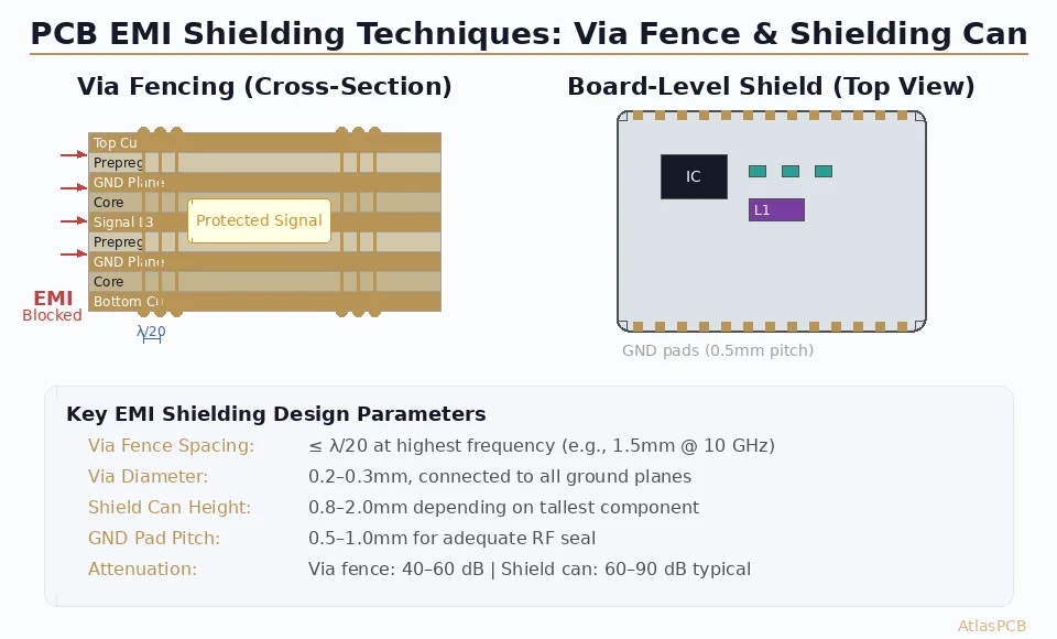 Complete guide to PCB-level EMI shielding techniques including via fencing design rules, board-level shielding can selection, grounding strategies, and IPC/FCC compliance for mixed-signal and RF designs.