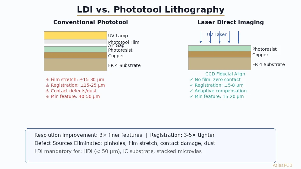 Compare PCB laser direct imaging (LDI) with conventional phototool lithography. Learn how LDI achieves 15μm line/space resolution without film registration errors, reduces DES defects, and enables cost-effective fine-pitch HDI and IC substrate manufacturing.
