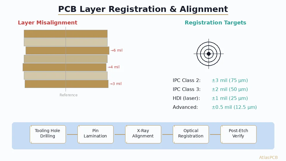 Complete guide to PCB layer-to-layer registration accuracy. Covers IPC Class 2 and Class 3 alignment tolerances, pin lamination vs mass lamination, X-ray registration systems, and design rules for achieving ±1 mil accuracy in HDI multilayer boards.