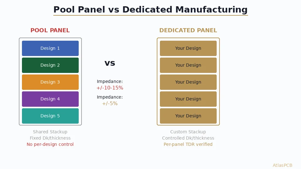 Pool panel PCB services promise low cost and fast turns, but impedance-controlled and RF designs routinely fail in pooled production. This comparison explains why dedicated panel manufacturing with controlled dielectric thickness is non-negotiable above 3 GHz, and where pool services remain a smart choice.