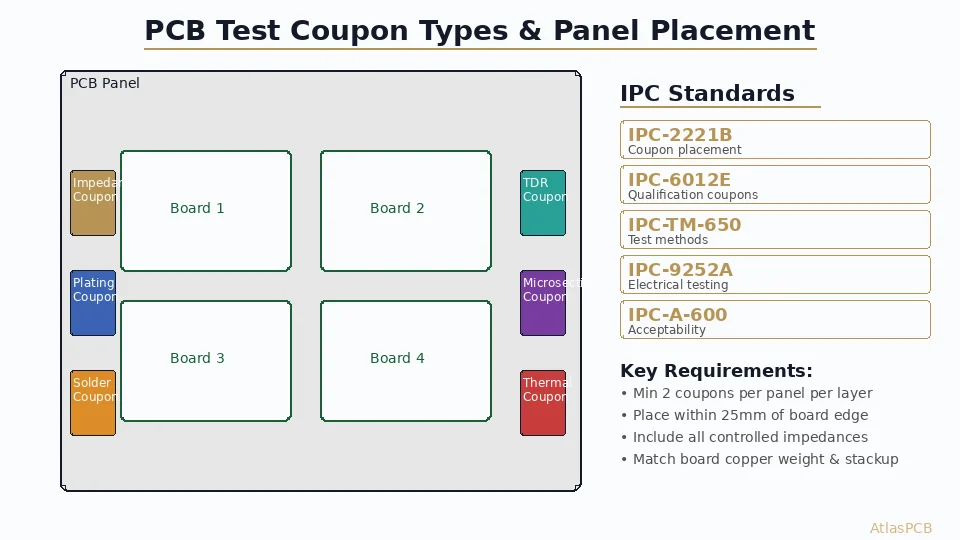 Complete engineering guide to PCB test coupon design per IPC-2221B, IPC-6012E, and IPC-TM-650. Covers impedance coupons, plating coupons, microsection coupons, and panel placement strategies for quality verification.