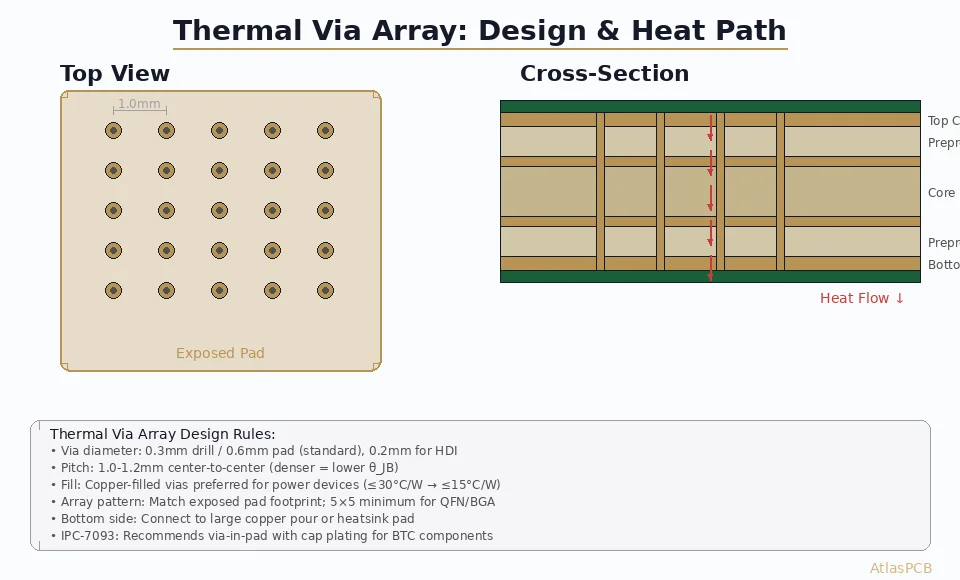 Engineering guide to designing thermal via arrays for effective heat transfer in power PCBs — covering via diameter, pitch, fill options, array patterns, and thermal resistance calculations for QFN, BGA, and power module packages.