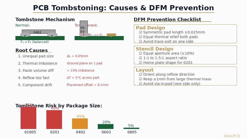 Engineering-focused guide to eliminating tombstoning defects through PCB design. Covers root cause physics, pad geometry rules, thermal balancing, stencil optimization, and a complete DFM checklist for 0201 and 01005 components.