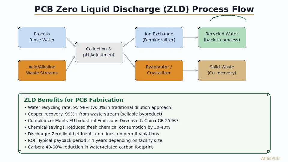How modern PCB fabricators achieve zero liquid discharge through ion exchange, evaporation, and crystallization — eliminating wastewater while recovering valuable metals.