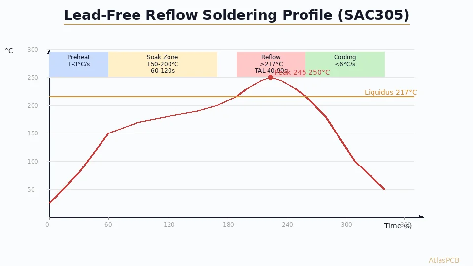 Master reflow soldering profile optimization for lead-free BGA assembly — covering preheat ramps, soak zone parameters, time above liquidus, peak temperature limits, and common reflow defects with prevention strategies.