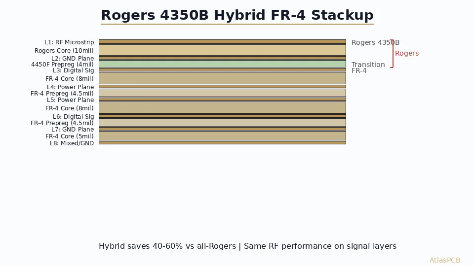 A practical engineering guide to Rogers 4350B stackup design — comparing hybrid Rogers/FR-4 construction against all-Rogers and all-FR-4 approaches. Covers layer assignment, bonding materials, impedance control, cost tradeoffs, and the specific scenarios where hybrid wins.