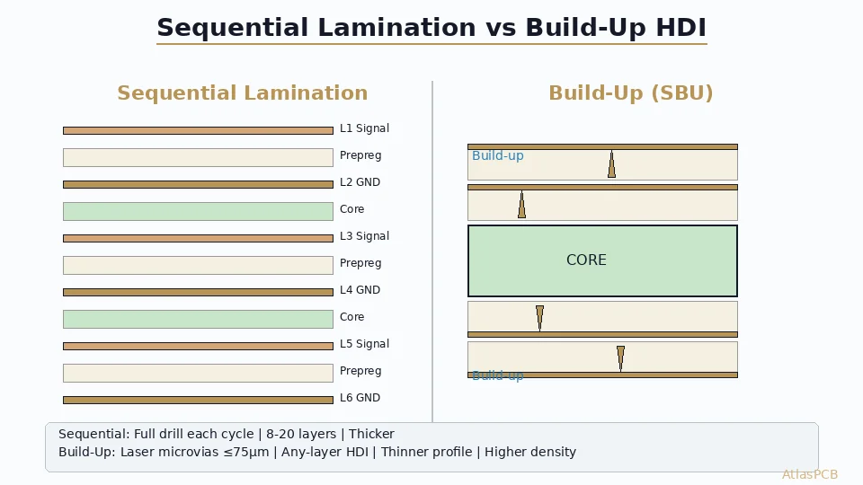 Compare sequential lamination and SBU build-up processes for HDI PCBs. Learn when each approach delivers optimal density, reliability, and cost for your multilayer design.