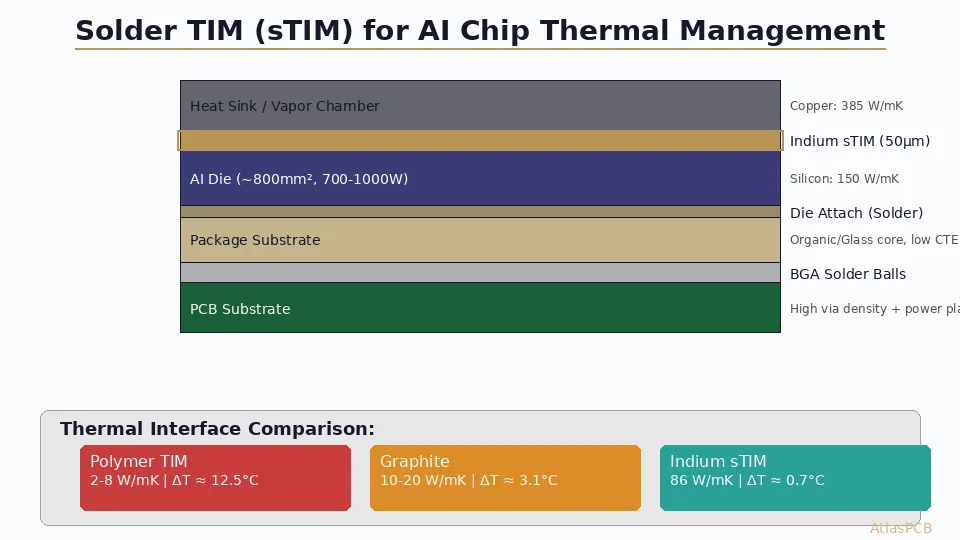 Explore how indium-based solder thermal interface materials (sTIMs) with 86 W/mK conductivity are solving AI processor thermal challenges. Learn about vacuum formic acid reflow, voiding minimization, and how PCB substrate design must evolve to support next-generation thermal solutions for data center AI accelerators.