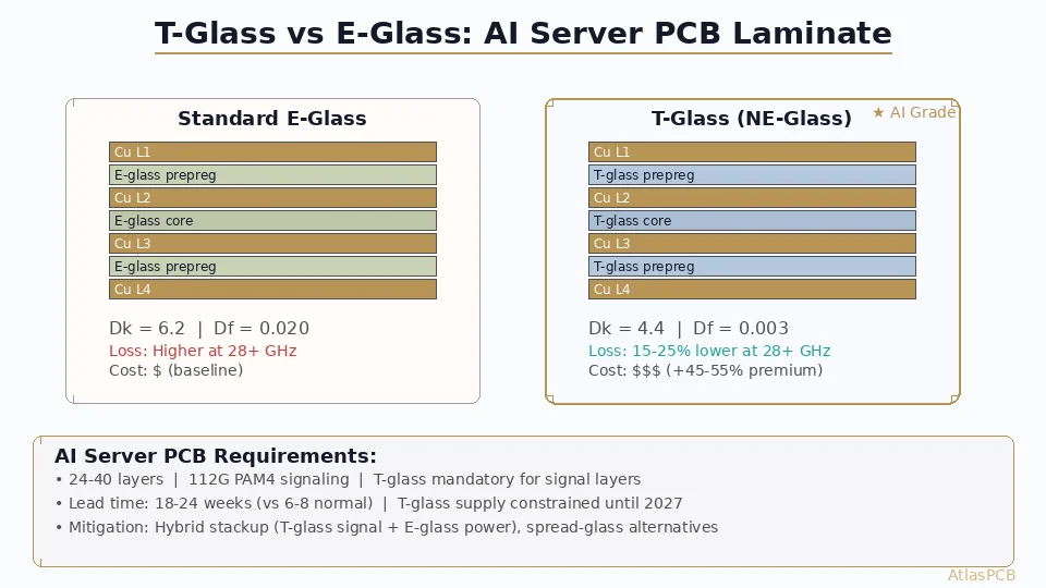 The global shortage of T-glass (NE-glass) fiber for ultra-low-loss PCB laminates is emerging as a critical bottleneck for AI server and data center infrastructure. With AI accelerator PCBs requiring 20+ layers of premium laminate, T-glass supply constraints may limit hyperscaler buildout through 2027.