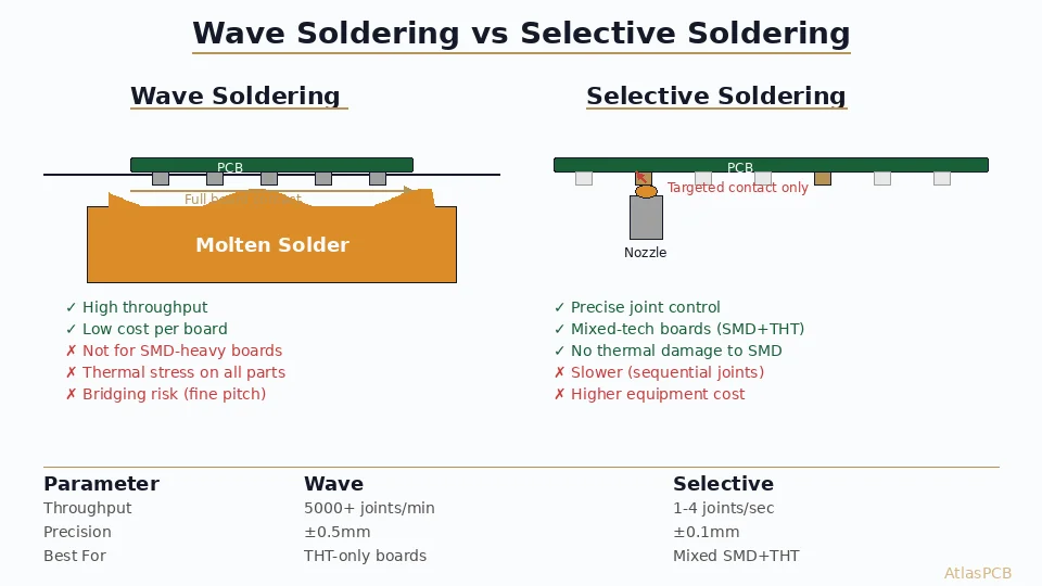 In-depth engineering comparison of wave soldering and selective soldering for PCB assembly. Covers process mechanics, throughput, cost analysis, defect profiles, and when to specify each technology for THT and mixed-technology boards.