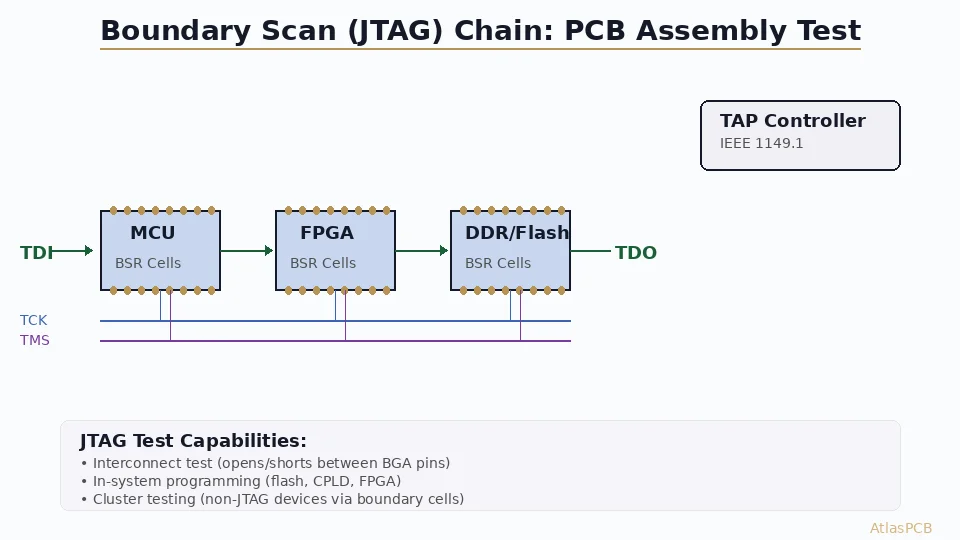 Boundary scan JTAG chain connecting MCU, FPGA, and memory with TAP controller