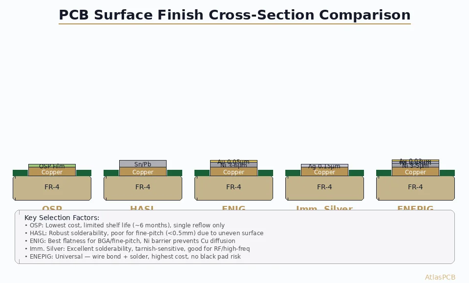 Cross-section comparison of five PCB surface finishes showing OSP, HASL, ENIG, immersion silver, and ENEPIG layer structures